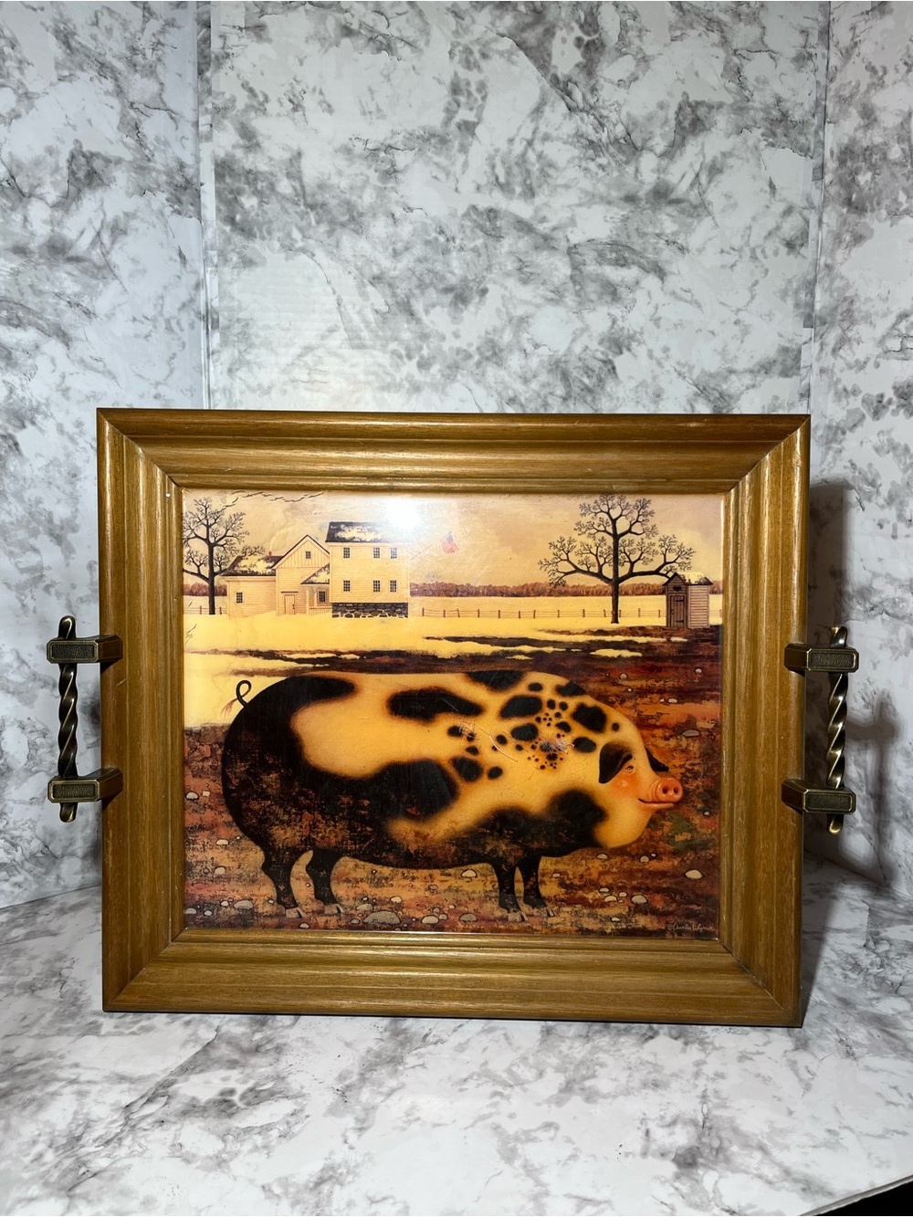Vintage Pig Farm Framed Art made into Tray- Black and Gold Pig Illustration